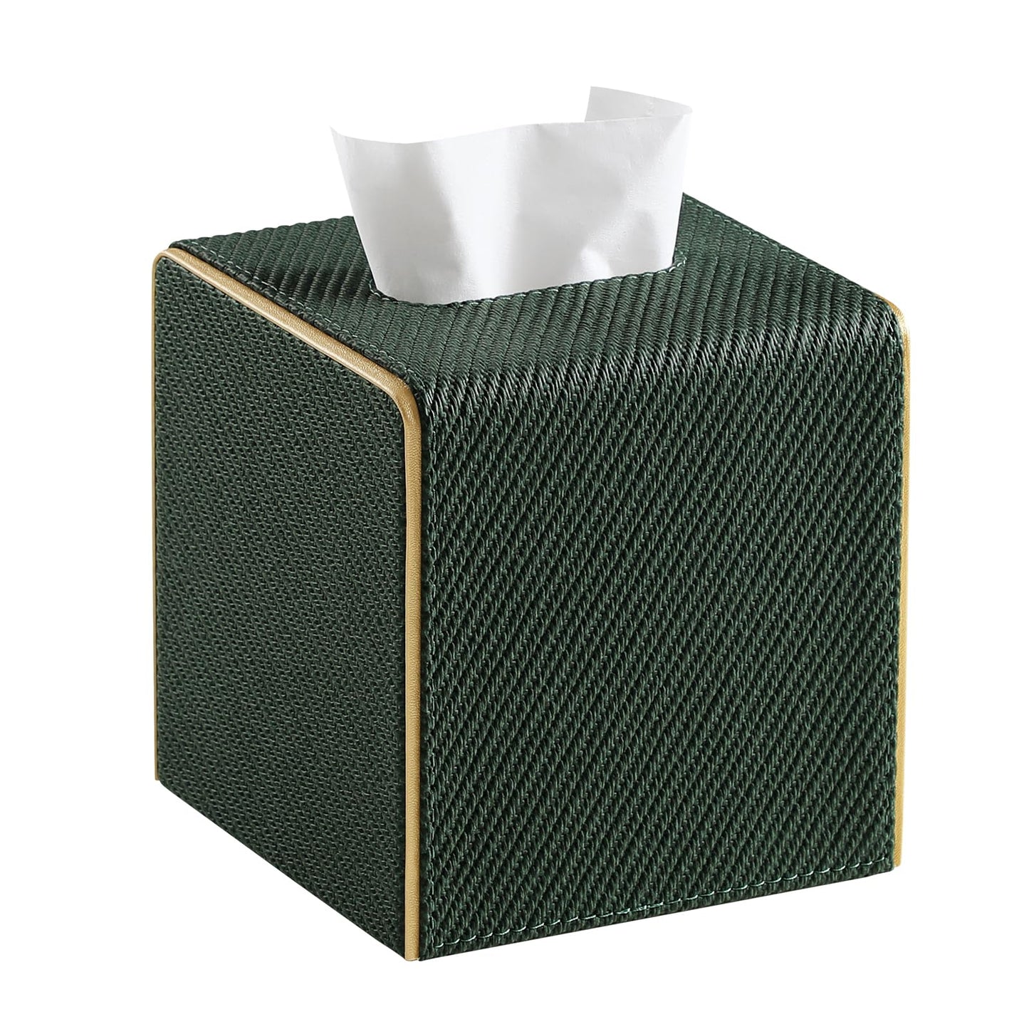 Square PU Leather Tissue Box Cover with Magnetic Closure, Decorative Tissue Holder & Storage Container for Bedroom, Living Room, Dining Room, Bathroom, Countertop, Desk (Square Dark Green Twill)