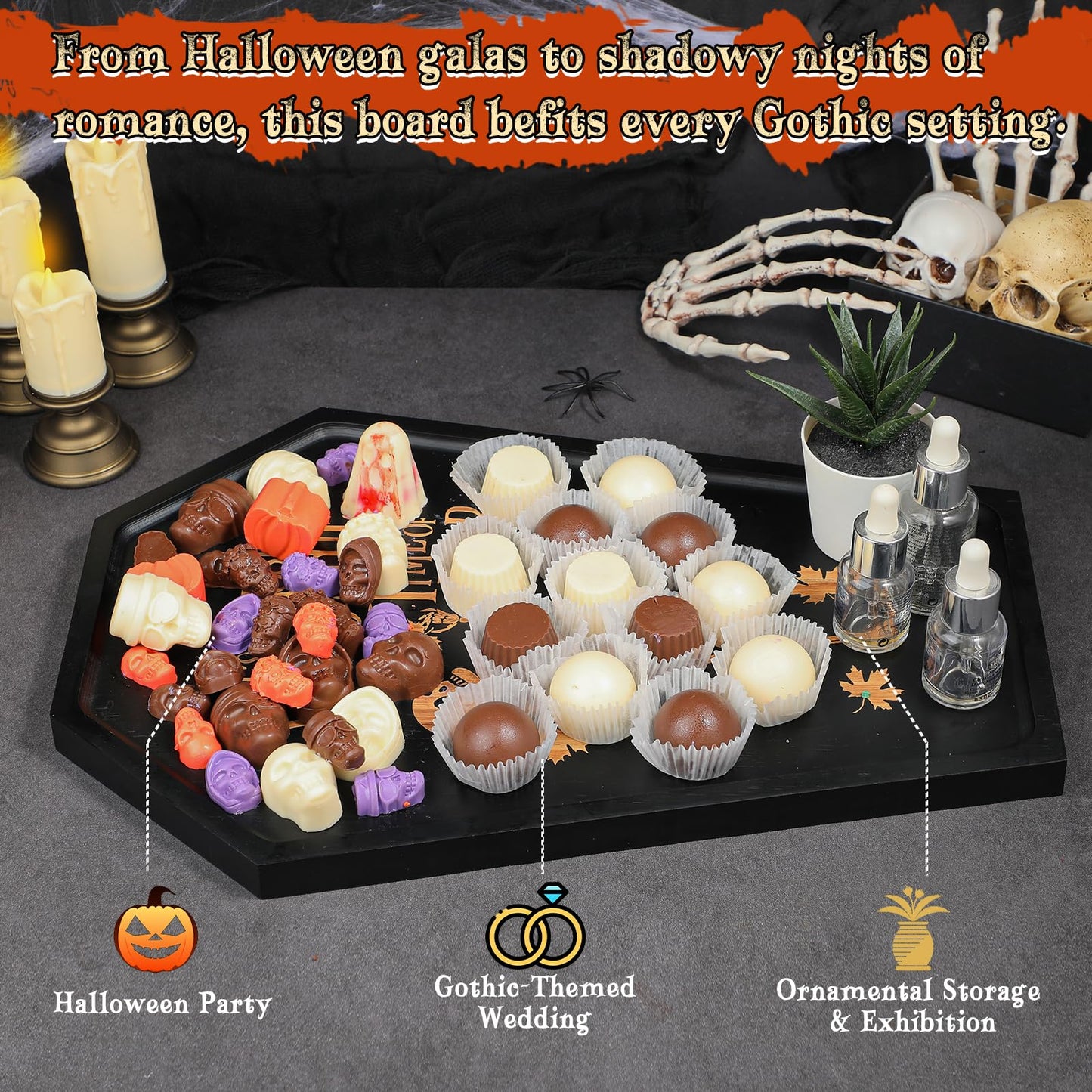 Webake Large Coffin Charcuterie Board - New Skeleton Design, 16.5" x 11.5" Spooky Serving Tray for Ample Food Display, Halloween Wooden Meat & Cheese Board, Perfect Spooky Gothic Decor