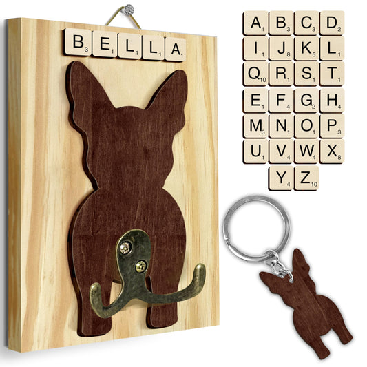 Boston Terrier Dog Leash Holder Wall Mount with Scrabble Letters, Wooden Dog Hook Organizer, Pet Collar and Harness Holder, Key and Leash Rack for Entryway, Gift for Pet Lovers, Home Decor PF297-15