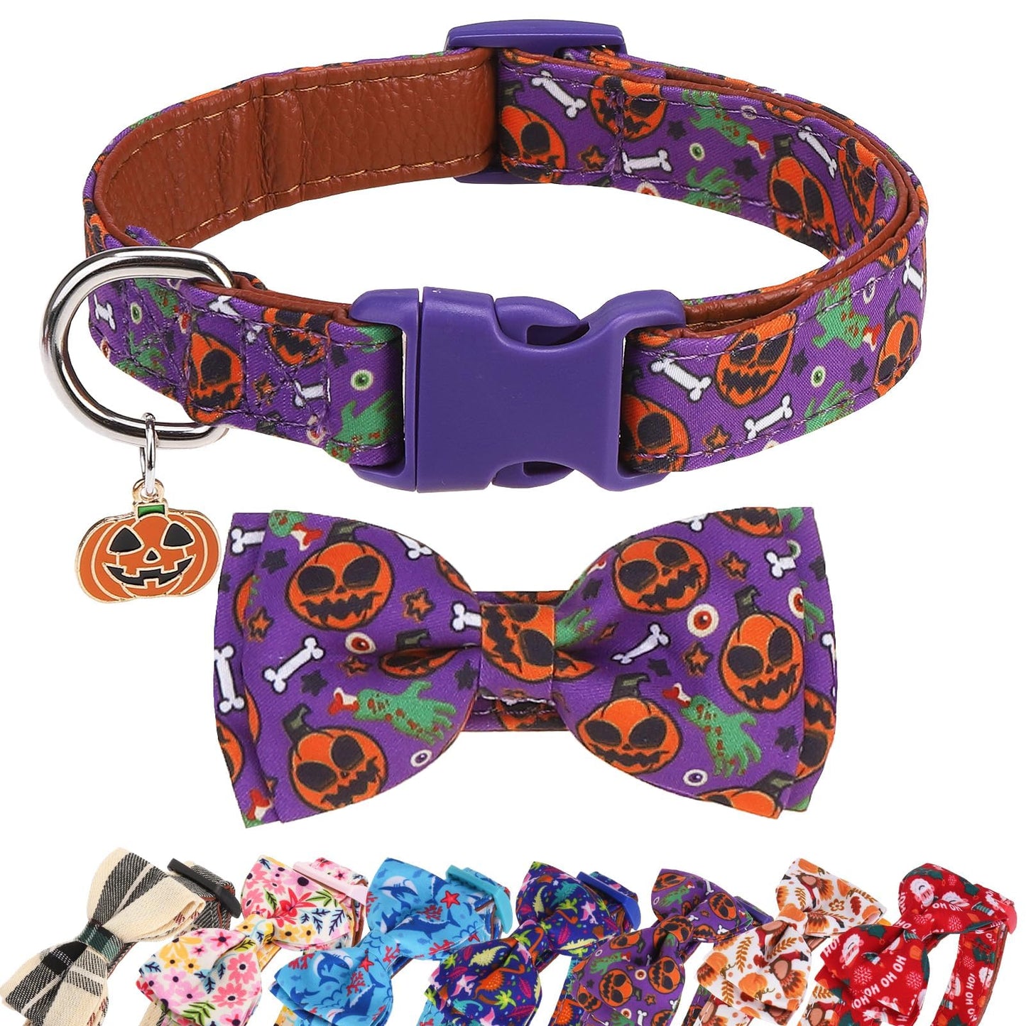 DILLYBUD Small Dog Collar with Bow Tie – Dog Collars for Small Dogs Halloween Ghost Pumpkin Design, Adjustable Detachable Holiday Bowtie Collar with Safety Buckle for Puppy Boy Girl, Neck 10"-15" S