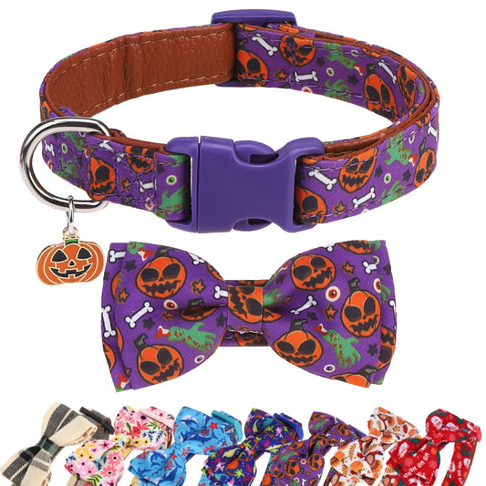 DILLYBUD Small Dog Collar with Bow Tie – Dog Collars for Small Dogs Halloween Ghost Pumpkin Design, Adjustable Detachable Holiday Bowtie Collar with Safety Buckle for Puppy Boy Girl, Neck 10"-15" S