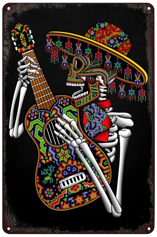 SREELEATHERS Vintage Metal Signs - Mexican Skeleton Playing Guitar Poster Mexico Day of The Dead Skull Tin Sign Wall Art Decor Plaque for Home Bar Pub Club Living Room 8x12 inch