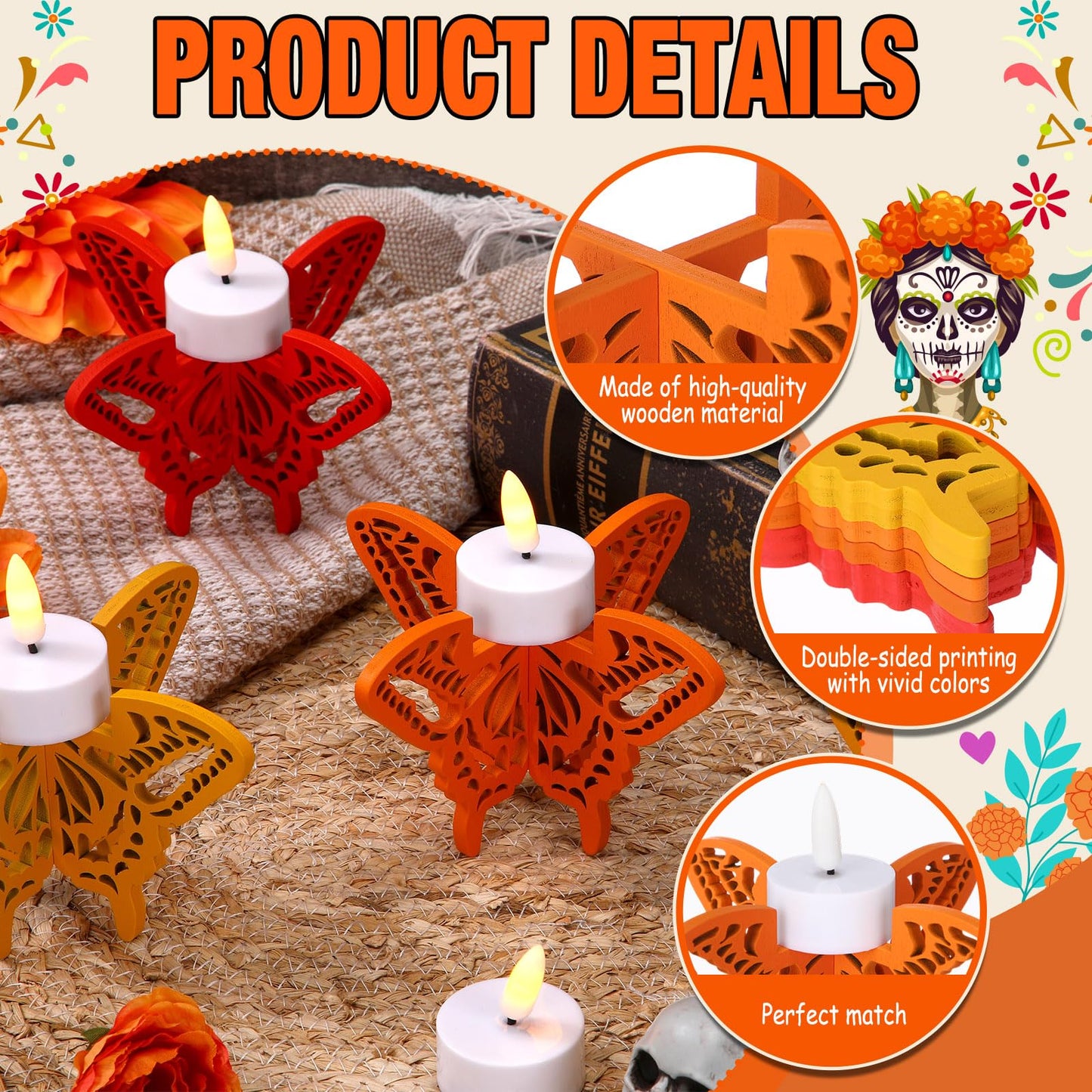 6 Pcs Day of The Dead Hollow Wooden Butterfly Candle Holder Dia De Los MuertosTable Centerpiece for Home Tabletop Decor Mexican Party Day of The Dead Altar Decorations Halloween Party Favors