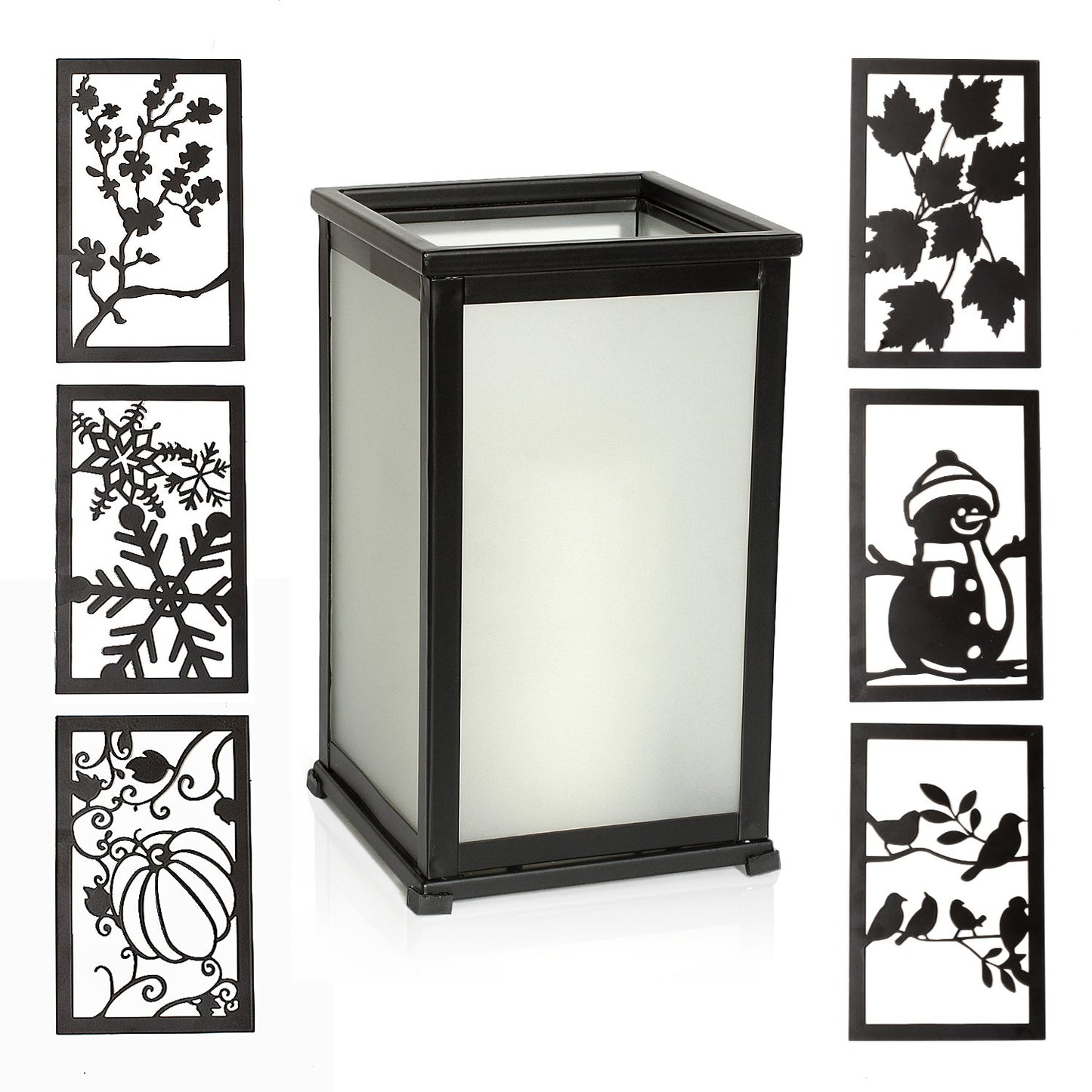 Decorative LED Candle Lantern with Timer & 12 Magnetic Seasonal Panels - Battery Operated Flameless Flickering Candle - Rustic Black Metal Lantern for Indoor & Outdoor Home Decor, 5” x 5” x 8.5”