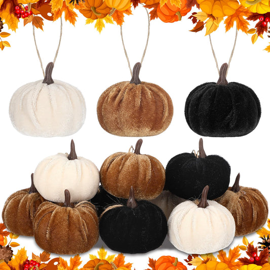 Vercraft 12 Pcs Thanksgiving Pumpkin Hanging Ornament 2 Inches Velvet Thanksgiving Fall Tree Decorations Fabric Small Tree Decorations for Farmhouse Harvest Autumn Home Party Decor(Dark Color)
