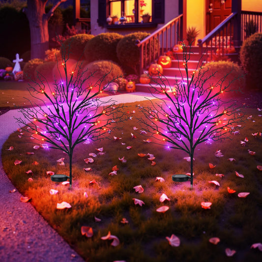 Luiywan Halloween Solar Pathway Lights 2PCS, Halloween Outdoor Decorations, Artificial Tree Waterproof LED Lights for Lawn Yard Garden Driveway Porch Walkway, Auto On/Off