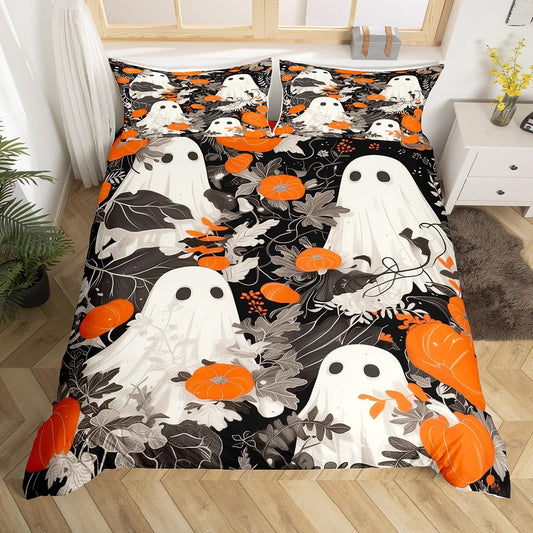 Cute Ghost Duvet Cover Queen,Happy Halloween Theme Bedding Set,Pumpkin Lantern Botanical Flower Comforter Cover,Kids Girls Boys Teens Room Decor,Autumn Retro Black White Quilt Cover,2 Pillowcases
