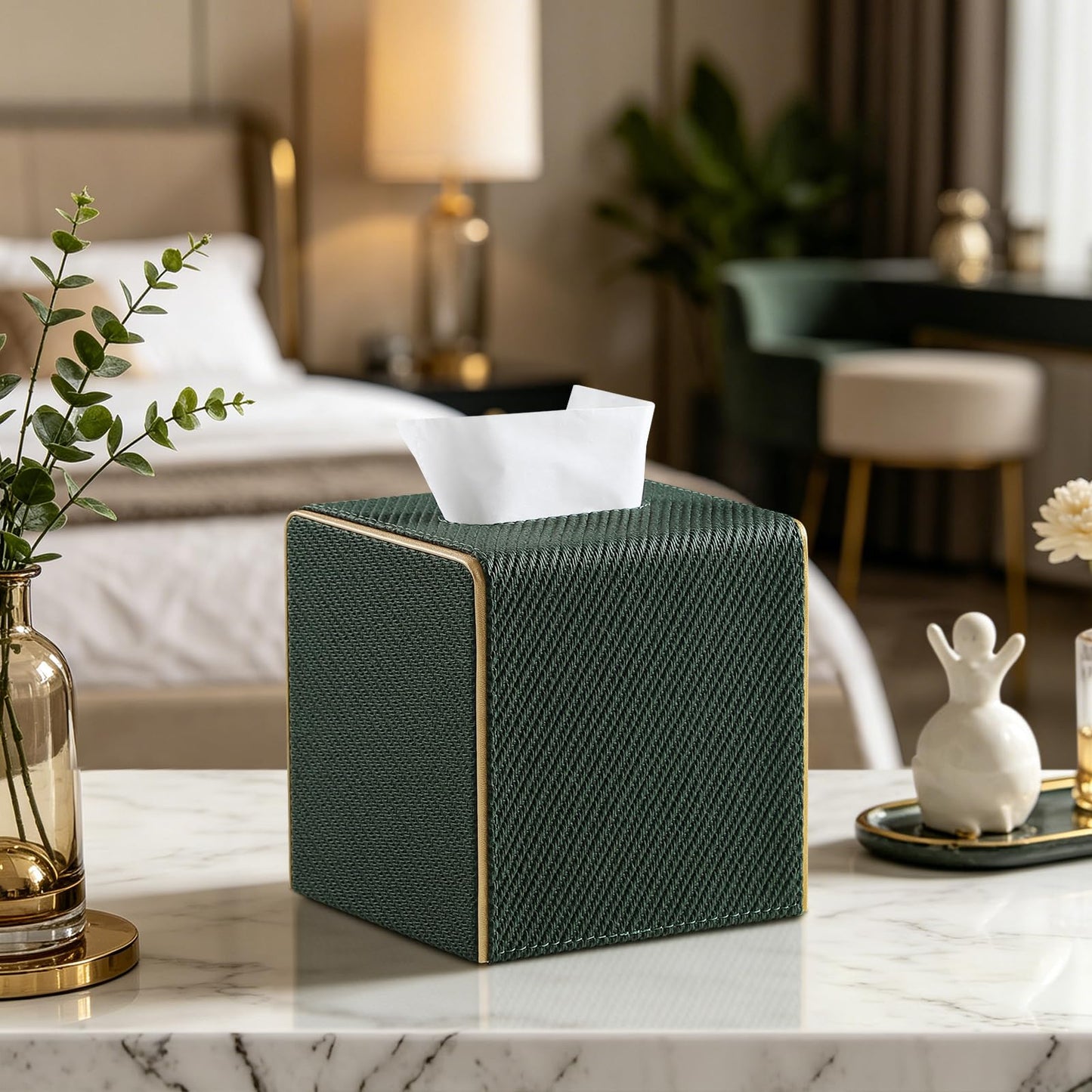Square PU Leather Tissue Box Cover with Magnetic Closure, Decorative Tissue Holder & Storage Container for Bedroom, Living Room, Dining Room, Bathroom, Countertop, Desk (Square Dark Green Twill)