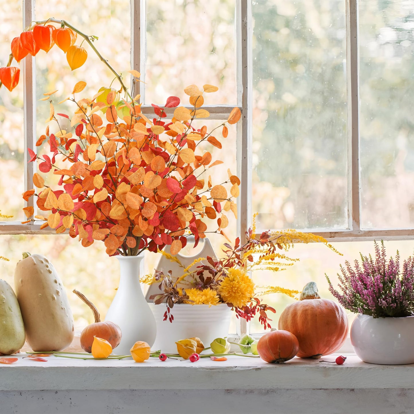 6 PCS Fall Artificial Eucalyptus Leaves Stems 28'' Tall Fall Fake Eucalyptus Branches Autumn Faux Thanksgiving Leaf Stems Decorations for Home Falls Floral Arrangements Farmhouse Centerpiece Decor