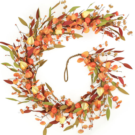 Fall Decor, Fall Garland, 6FT Autumn Eucalyptus Leaves Pumpkin Harvest Festival Thanksgiving Christmas Hanging Garlands for Home Wedding Mantle Indoor Window Wall Arch Background Decoration