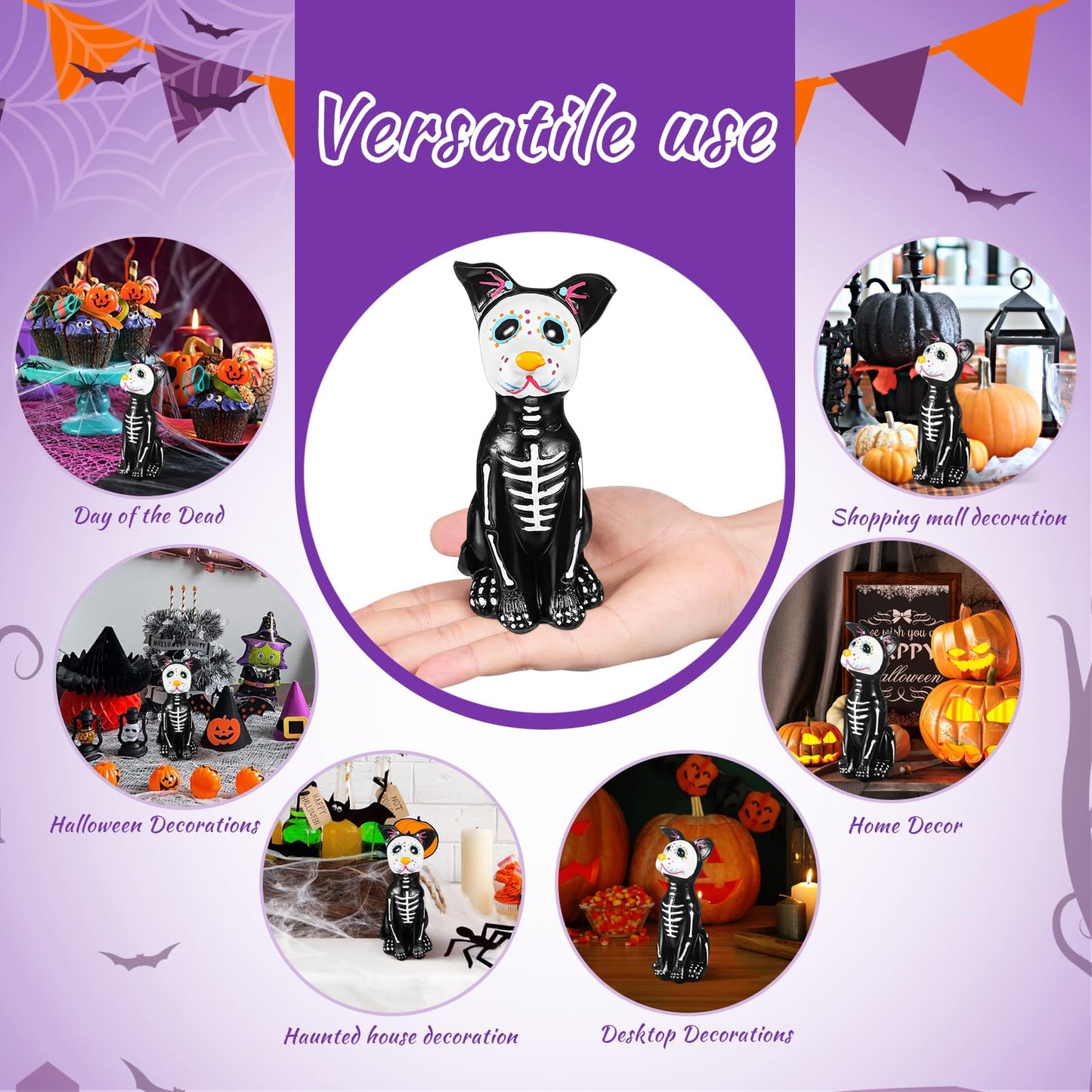 TOYANDONA Day of The Dead Dog and Cat Figurine, Halloween Statue Sugar Skulls Animal Statue Resin Crafts Skeleton Sculpture for Halloween Home Desk Decorations (Day of The Dead Dog)