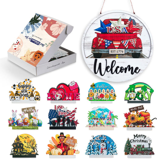 Walasis Welcome Sign for Front Door: 13pcs Interchangeable 4th of July Decorations for Outdoor Entrance -Housewarming Gifts for New Home Seasonal Wreaths Outdoor Holiday All Season Decorations