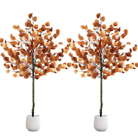 Lunmon 2 Pack Eucalyptus Artificial Fall Tree, 4ft Faux Thanksgiving Tree with Spike, Thanksgiving Decorations for Home Porch, Fake Plant Decor for Outdoor Indoor, Without Vase (4 ft,Yellow)