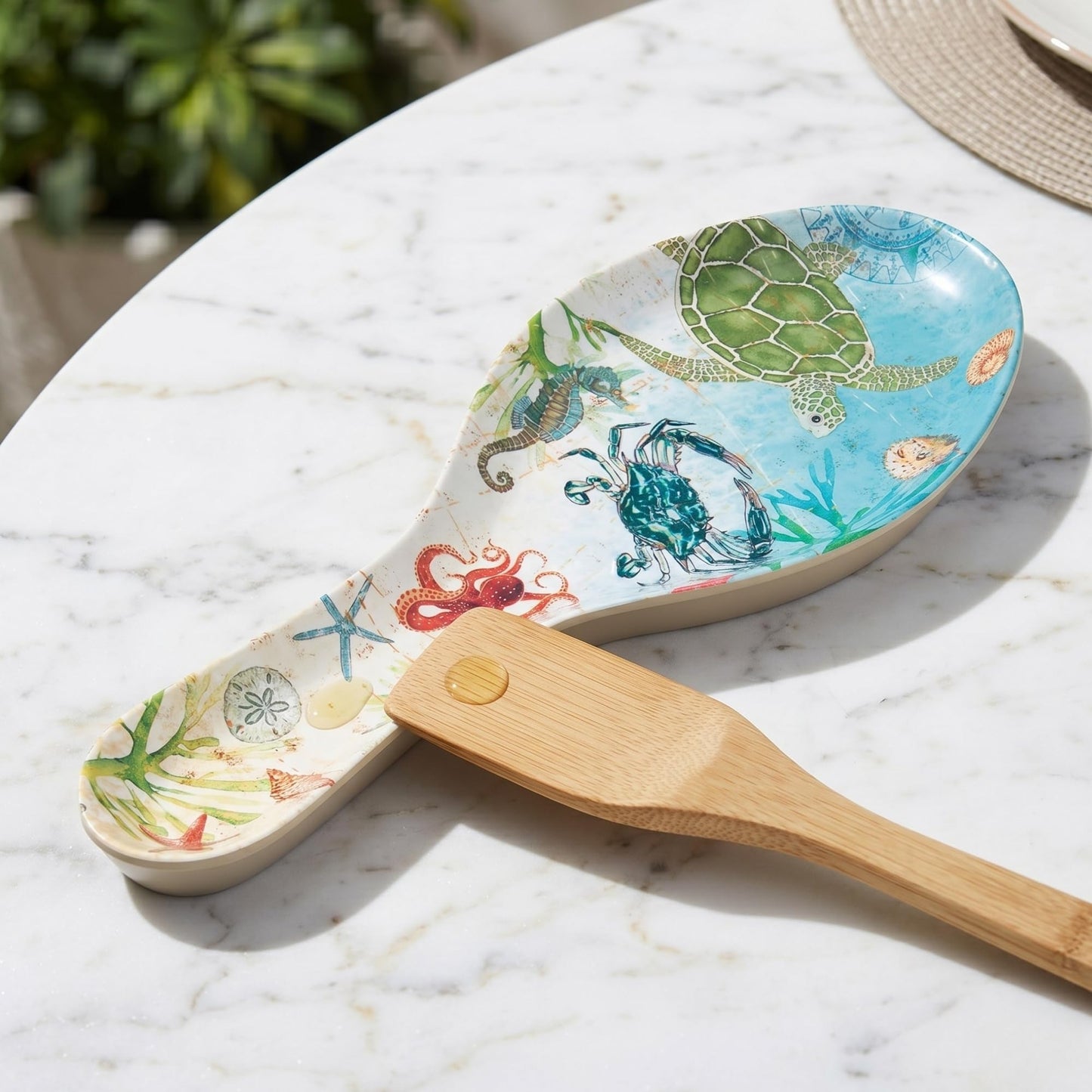 UPware Sea Life Melamine Spoon Rest, Cooking Spoon Holder for Stove Top, Kitchen Counter, and Dining Table, 9.625 Inch, Multicolor