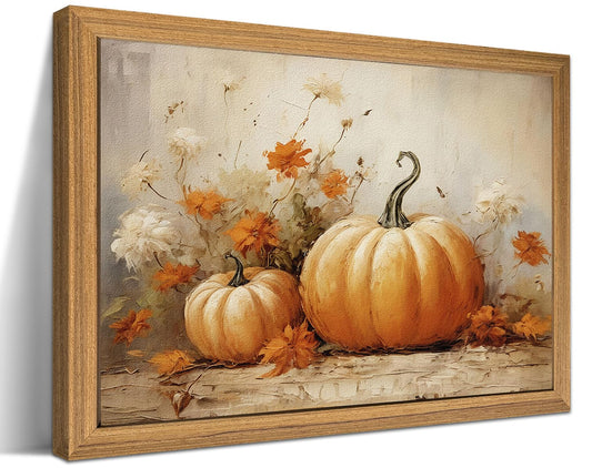 Framed Vintage Halloween Pumpkin Wall Art – 3D Texture Harvest Pumpkins Pictures Fall Wall Decor for Living Room, Rustic Autumn Pumpkin Art Prints for Kitchen, Bedroom, Home or Party – 12x16in