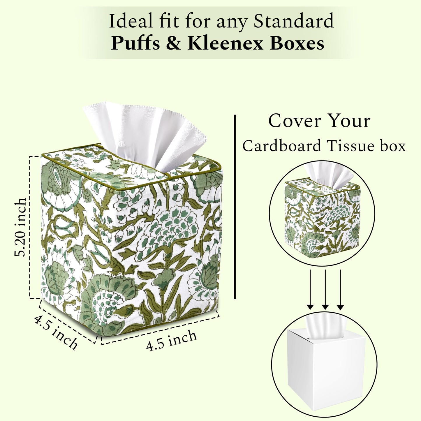 CPC Agate Green Hand Block Printed Cotton Tissue Box Cover 5" x 5" x 5.5" Square Soft Reusable Boho Napkin Holder for Home Kitchen Dining Bathroom Office Cafe Spa, Gift for Spring, Mother's Day