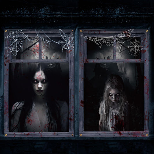 Newwiee 2 Pcs Scary Halloween Curtain Window Silhouette Cover Decoration Theme Poster for Indoor Outdoor Party Wall Door(Female Ghost)