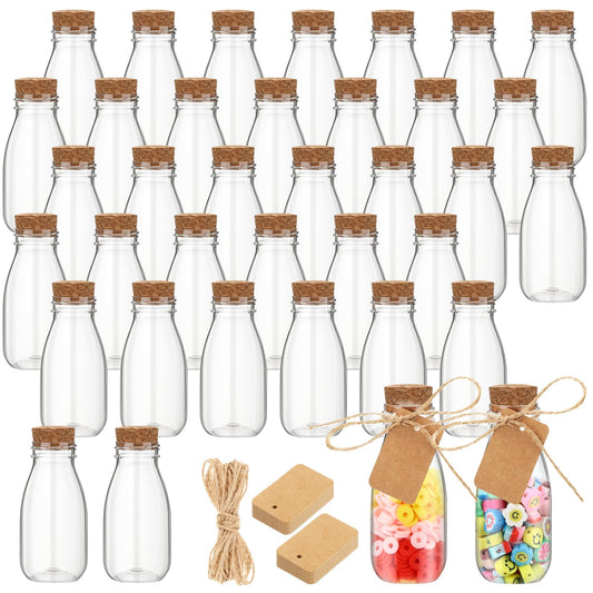 Roshtia 48 Pcs 4oz Plastic Mini Potion Bottles with Cork Lids Small Clear Favor Jars Sand Art Bottles Tiny Jars with Twine and Tags for Wedding Birthday Baby Shower Party Candy DIY Crafts Gifts