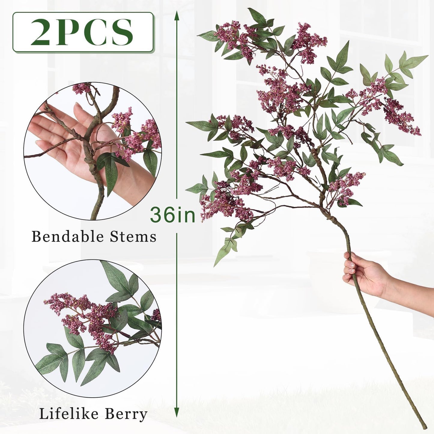 2 Pcs 36" Artificial Nandina Berry Stem, Realistic Berry Spray(Dusty Plum)