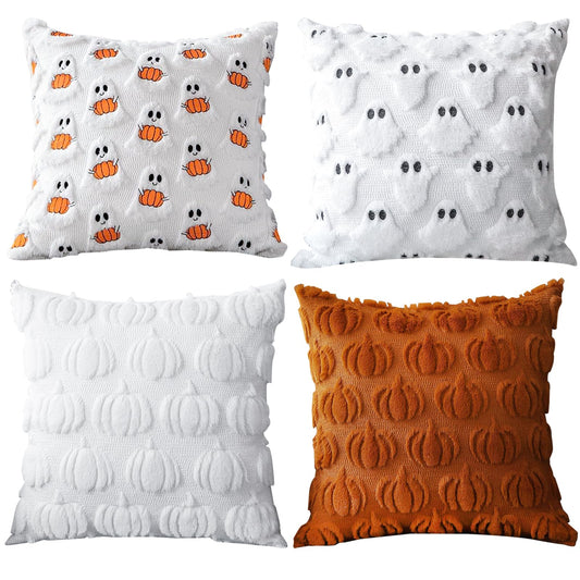 Huaerle Halloween Pillow Covers 18x18 Ghost Pumpkin Pattern Pillowcases Fall Throw Pillow Covers Set of 4 Double-Sided Halloween Pillow Covers Soft Plush Faux Wool Cushions for Home Patio Sofa Couch