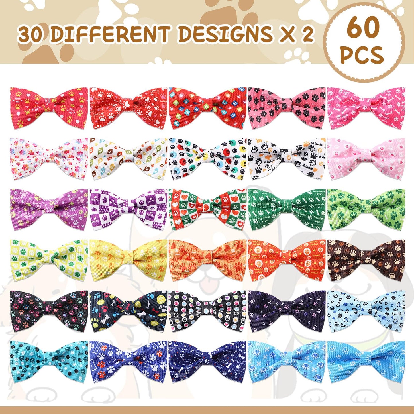 Cosblank 60 Pcs Paw Bone Print Dog Collar Bow Ties Bulk Dog Grooming Supplies Bowtie Accessories Puppy Bows Detachable Collar Charms for Small Medium Large Cat Pet Costume