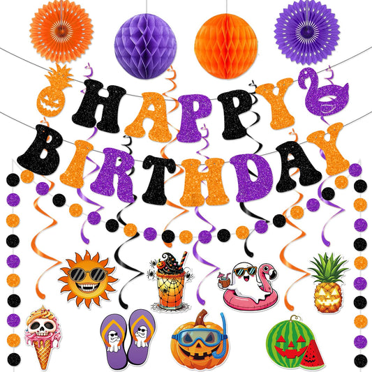 Summerween Decorations Happy Summerween Birthday Banner Hanging Swirls Honeycomb Balls Paper Fans Circle Confetti Dots Hanging Garland for Summer Halloween Birthday Party Decorations