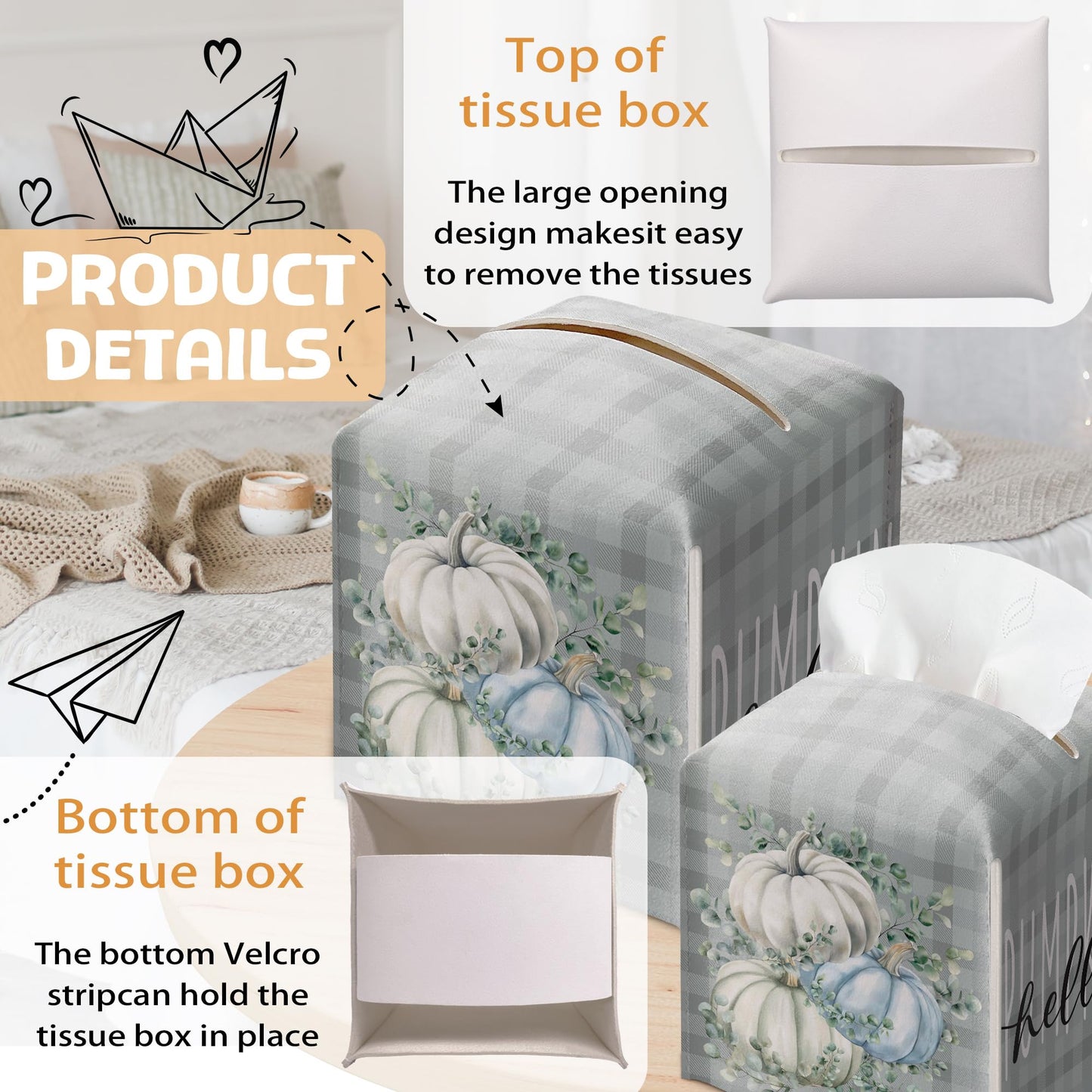 Pumpkin Tissue Box Holder, Eucalyptus Pumpkin Plaid Leather Tissue Box Cover Square, Harvest Facial Paper Organizer Dispenser Toilet Paper Holder for Bathroom Kitchen Office Home Decor-A28