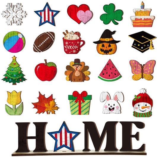 Wonderjune Interchangeable Seasonal Decor 250th 4th of July Independence Day Home Tabletop Sign with 20 Pcs Icons Home Wooden Sign for All Seasons Windowsill Shelf Mantel Decorations