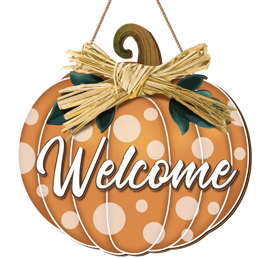 Shellwei Fall Door Decoration Pumpkin Welcome Sign Autumn Door Hanger Wooden Pumpkin Decor Hanging Porch Sign for Autumn Harvest Fall Farmhouse Wall Decoration