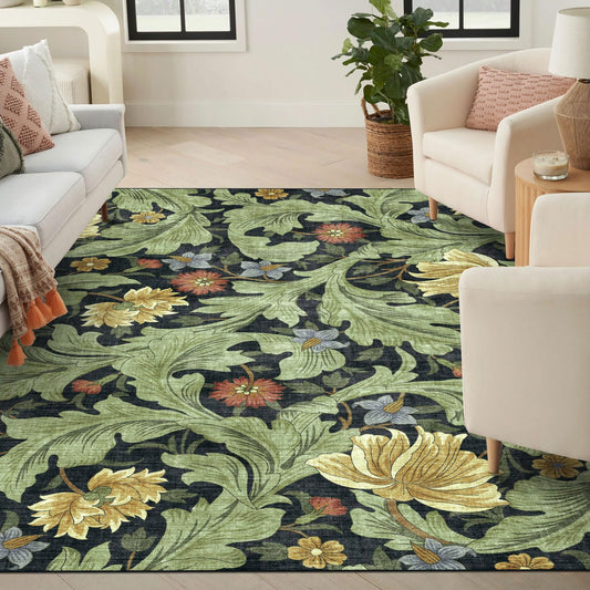 BLISSA 6x9 Area Rugs for Bedroom - Soft Floral Washable Living Room Rug Non-Slip Ultra-Thin Vintage Moody Leaf Carpet for Dining Room Under Table Nursery Playroom Classroom Home Decor