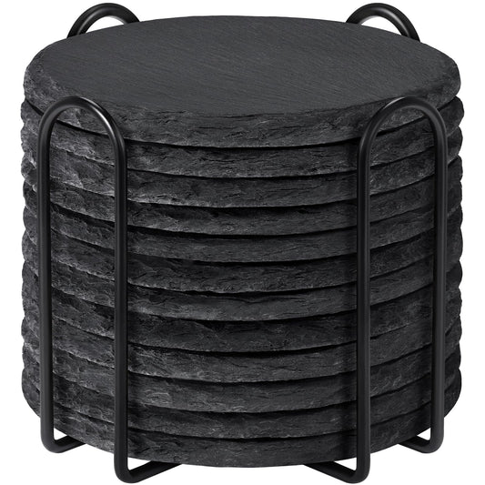 Slate Coasters with Holder, MAPRIAL 4 Inch Coaster Set of 12 Round Black Slate Stone DIY Coasters with Anti-Scratch Backing for Halloween Christmas, Bar, Kitchen, Home Decor, Gifts for Mom, Dad