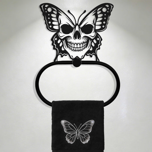 LumDecor Black Metal Gothic Skull Butterfly Towel Ring, Goth Witchy Skeleton Wall Hand Towels Holder, Gothic Bathroom & Kitchen Accessories, Wall Hanging Towel Rack Home Decor Gift Indoor Outdoor