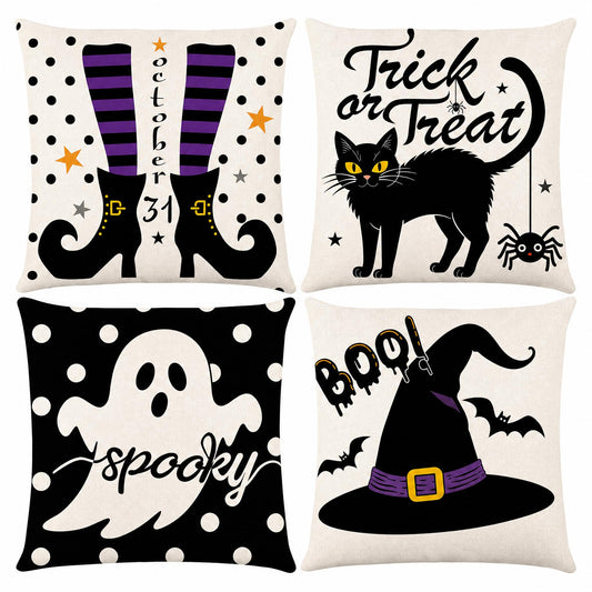 Ditother Halloween Pillow Covers 16x16 Set of 4, Spooky Ghost Black Cat Witch Hat Boots Decorations for Home, Vintage Throw Pillow Covers for Couch Sofa, Fall and Halloween Decorations