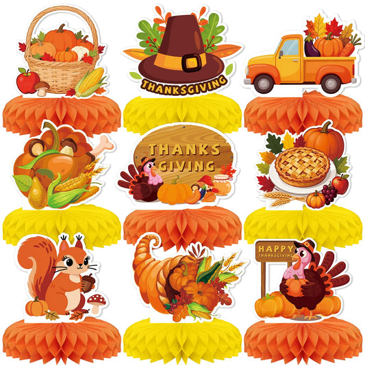 9 PCS Fall Party Decorations,KSKSPE Thanksgiving Honeycomb Table Centerpiece 3D Pumpkin Turkey Table Centerpiece for Thanksgiving Theme Party Decor