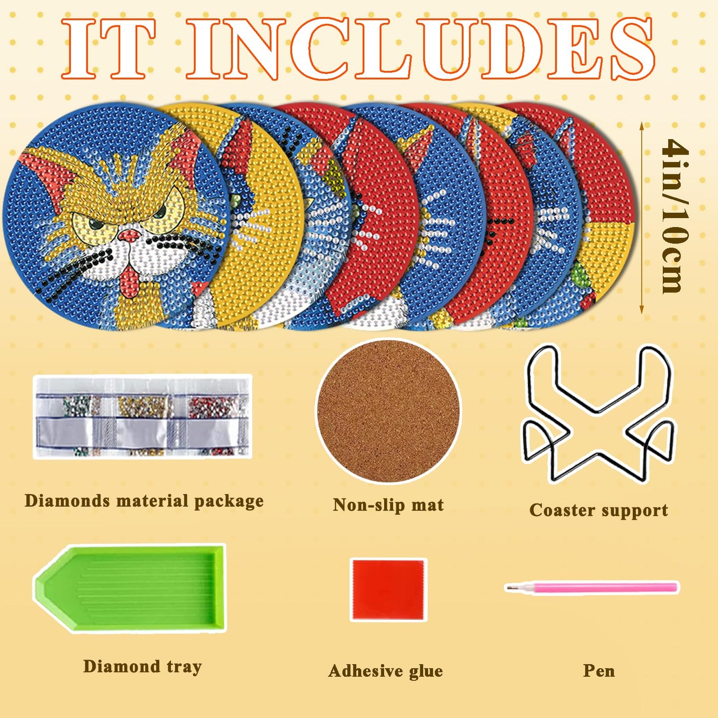 DOTSOPS Cat Diamond Art Coaster with Holder 5D Diamond Painting Kits for Adults Round Full Drill Beginners Gem Dots Craft Arts Supplies Party Home Decor 8PCS