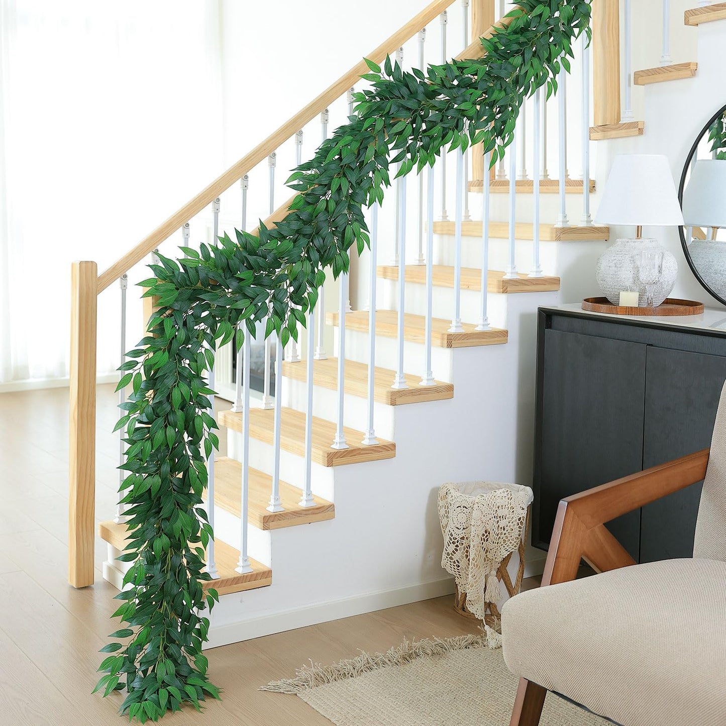 mizii Artificial Vines Garland 10 Feet Faux Italian Ruscus Vine Greenery Garland Silk Green Leaves Decoration Fake Plants Greenery for Table Centerpieces Home Room Wall Wedding Arch Decor (10 feet)