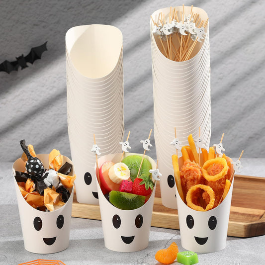 Chengu 260 Pcs Halloween Charcuterie Cups with Picks Sets 60 Pcs 14 oz French paper Appetizer Cups 200 Cocktail Pick Disposable Snack Fruit Stick for Halloween party Decor Supplies(Ghost Style)