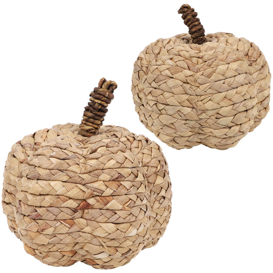 winemana 2 Pack Pumpkin Fall Decor Thanksgiving Decorative Pumpkins for Home Woven Cattail Figurines Farmhouse Autumn Decorations Fall Centerpieces for Table Porch Mantel Indoor (Beige)