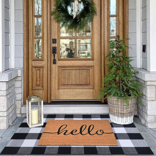 Fallovea Front Door Mat Combo Set, Hello 100% Coco Coir Welcome Doormat + 28" x 43" Layered Buffalo Black and White Plaid Rug, Spring Thanksgiving Front Porch Entryway Decor Indoor Outdoor Floor Mats