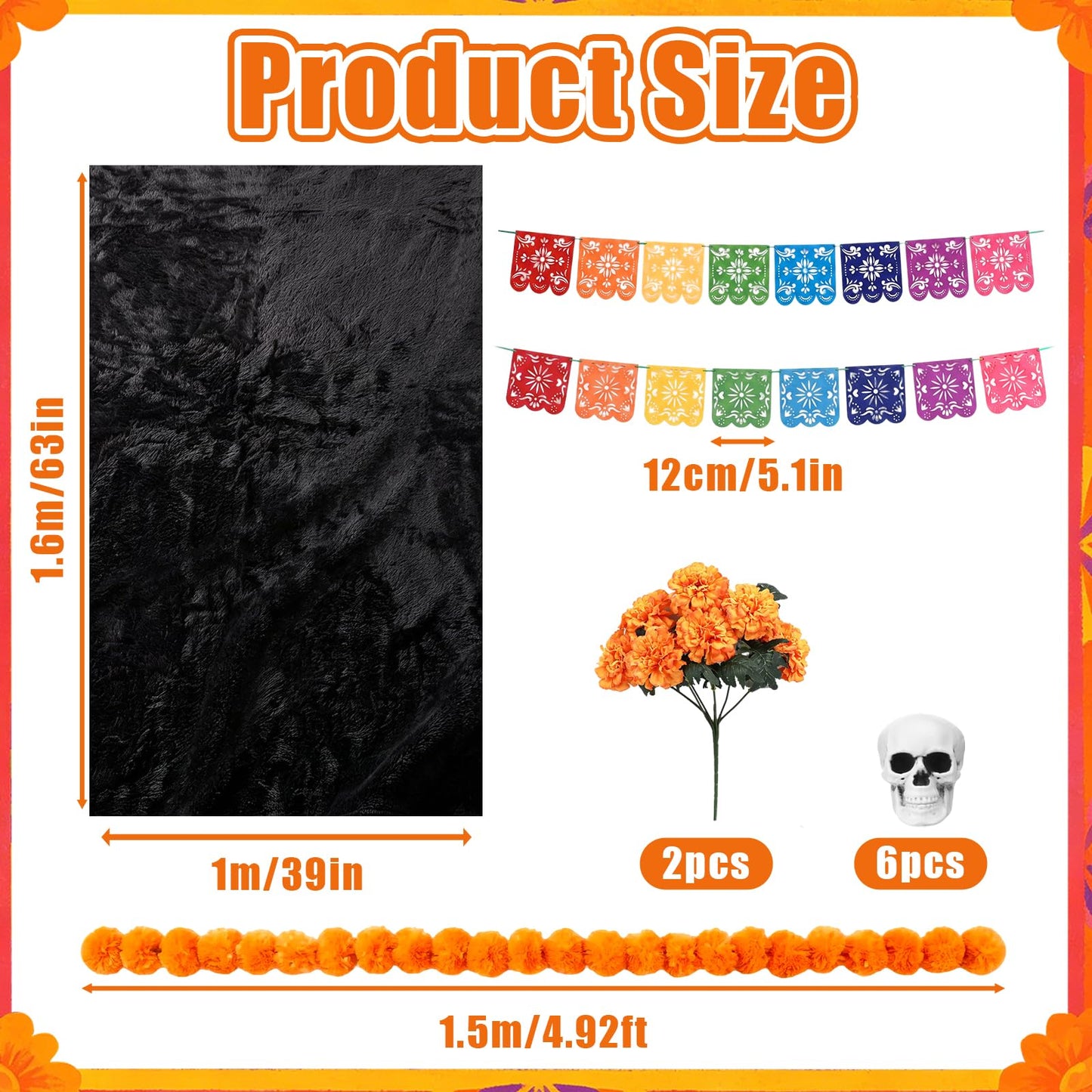Geelin 12pcs Día De Los Muertos Decorations Kit Day of the Dead Altar Decor Set with Black Flannel Backdrop Papel Picado Banner Marigold Flowers Skull Decor for Halloween Mexican Home