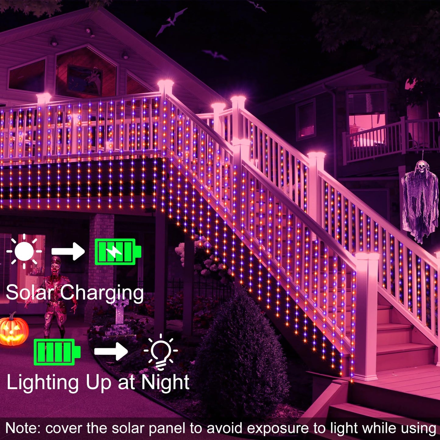 echosari Solar Halloween Curtain Lights Outdoor, 7.9ft x 6ft 144 LED Orange Purple Curtain Lights with 8 Modes Timer Waterproof for Indoor Outdoor Patio Fence Halloween Tree Party Decor