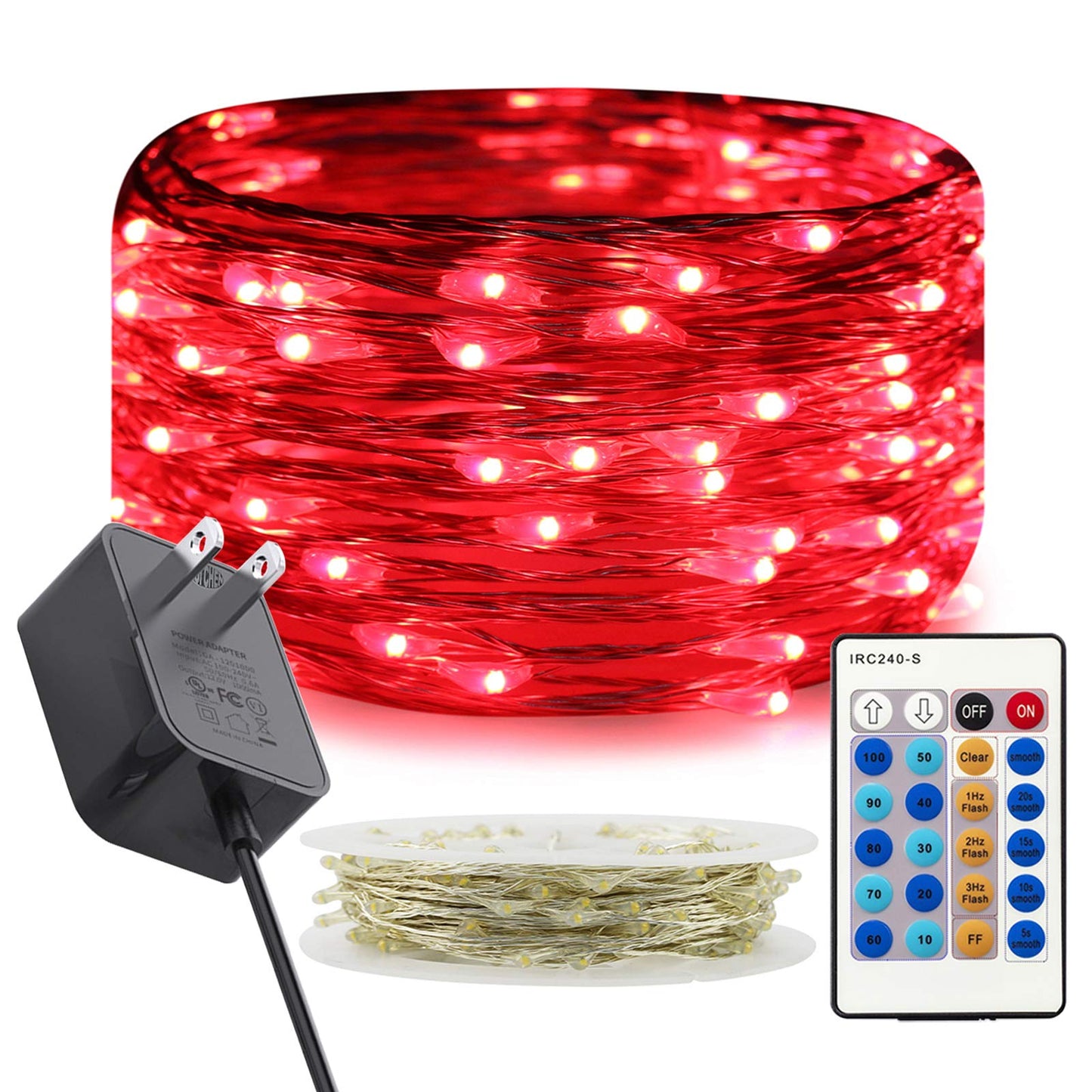 RUICHEN Dimmable Fairy String Lights Plug in 33 Ft 100 LED Silver Wire Firefly Lights with Remote, Red