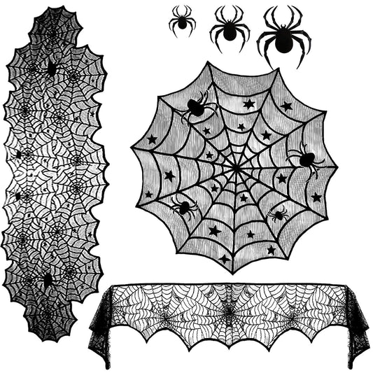 Heyigrow 15 Pcs Set Spider Web Decorations, Halloween Kit Black Lace Table Runner Cobweb Round Tablecloth Fireplace Scarf