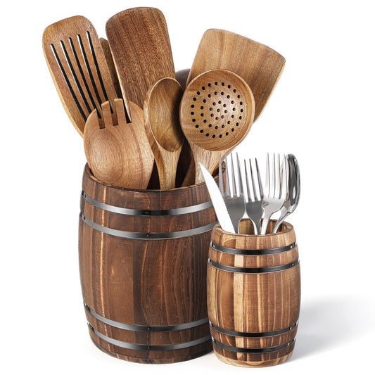 Honeydak 2 Pcs Wood Wine Barrel Kitchen Utensil Crock 7"+5.3" Vintage Rustic Burnt Cooking Tool Holder Western Wine Barrel Vase Planter Cooking Tool Holder Farmhouse Wedding Party Decoration