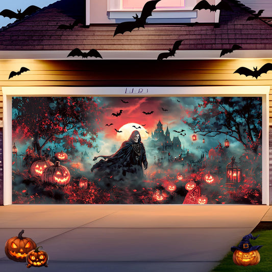 Remagr 7 x 16 ft Halloween Garage Door Banner Large Halloween Hanging Backdrop Door Cover Gloomy Skull Garage Wall Decoration Backdrop Mural for Party Wall Window Yard Outdoor Holiday (Spooky)