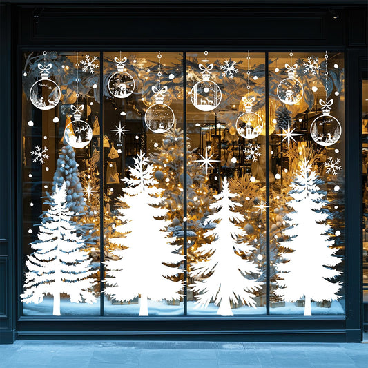 JarThenaAMCS 13.8 * 35.4'' Extra Large Winter Christmas Window Clings 4 Sheets White Xmas Tree Ball Window Stickers Double-Sided Glass Decals for Home Classroom Office Party Decoration