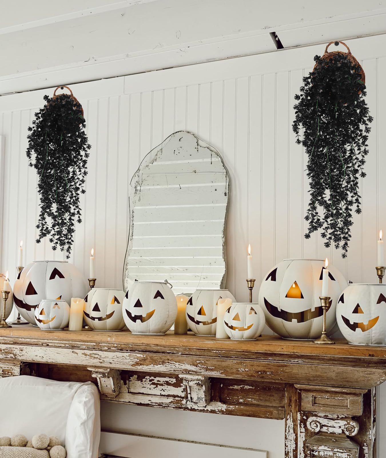 SJL Black Hanging Flowers Fake Hanging Plants Artificial Black Faux Flowers Outdoor Plastic Faux Ivy Plants UV Resistant Fake Eucalyptus Vine for Halloween Indoor Witchy Home Party Gothic Decor 4Pcs