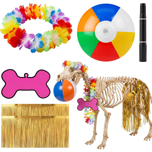 Shinymoon Summer Hawaiian 7 ft Skeleton Dog Accessories Includes Tropical Flower Garlands Beach Ball Personalized Bone Shaped Tag with Marker 12 ft Skeleton Outfits for Luau Party Decor Yard Lawn