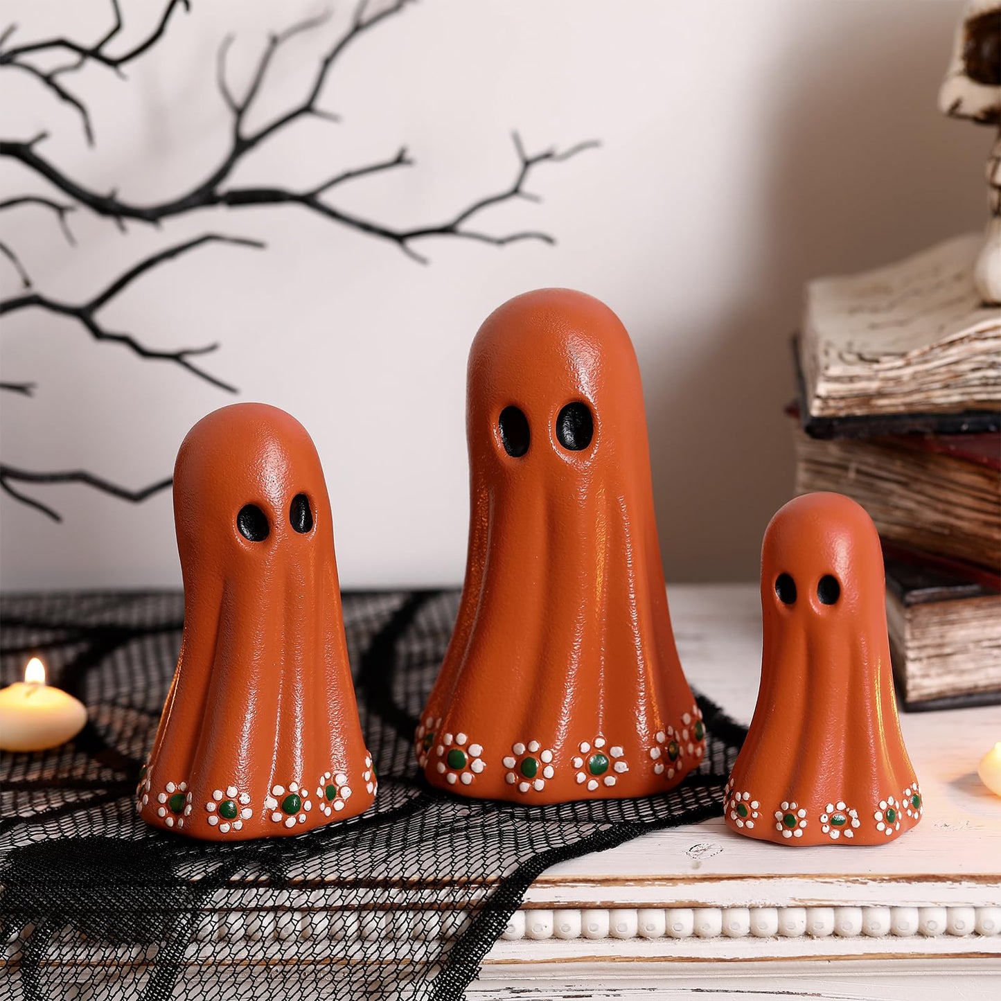 Geelin 3 Pcs Halloween Mexican Ghost Figurines Resin Halloween Muertos Terracotta Ghost Tabletop Decor Terracotta Floral Centerpiece for Mexican Xmas Home Decoration Indoor