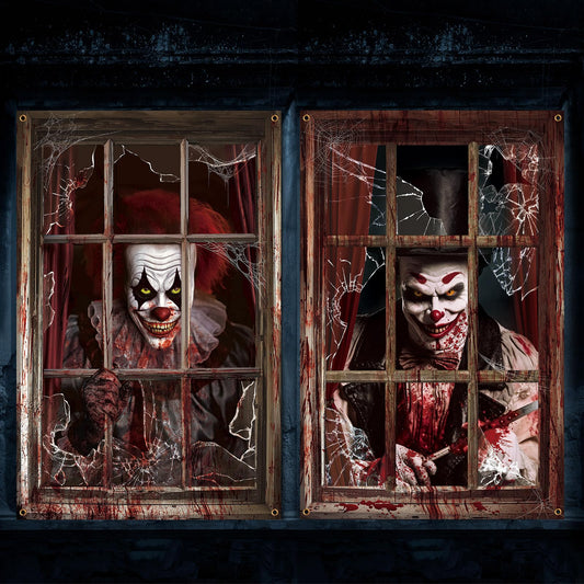 Newwiee 2 Pcs Scary Halloween Curtain Window Silhouette Cover Decoration Theme Poster for Indoor Outdoor Party Wall Door(Blood Clown)